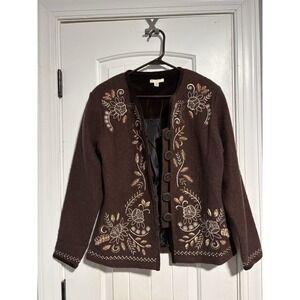 Carson Brown Floral Embroidered Lined Wool Button Front Jacket - M